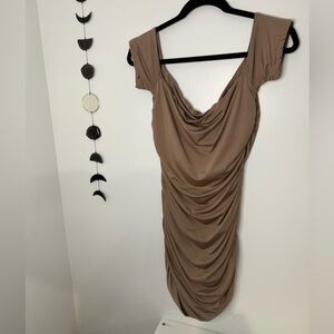 Tobi Taupe Off the Shoulder Ruched Dress